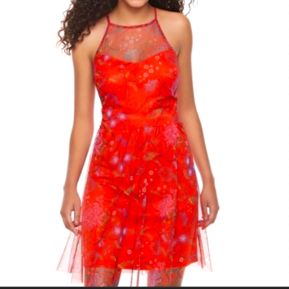 3/15 Candie’s Red/Orange Mesh Floral Dress A-line fit and flare, toile print